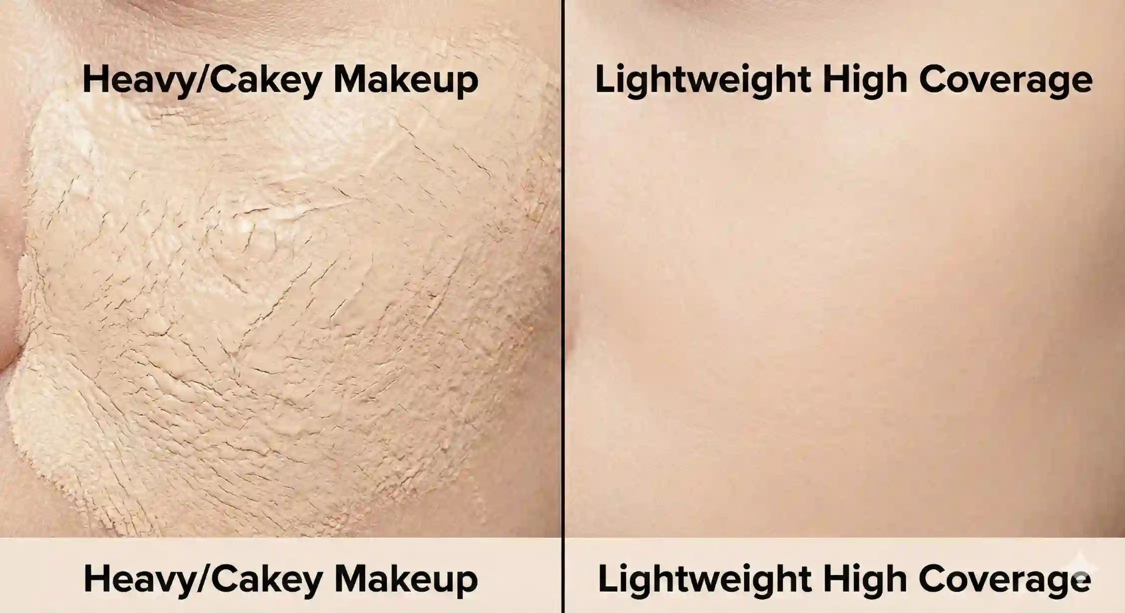 تفاوت بافت کرم پودر سنگین و ماسیده با کرم پودر سبک و مخملی روی صورت.