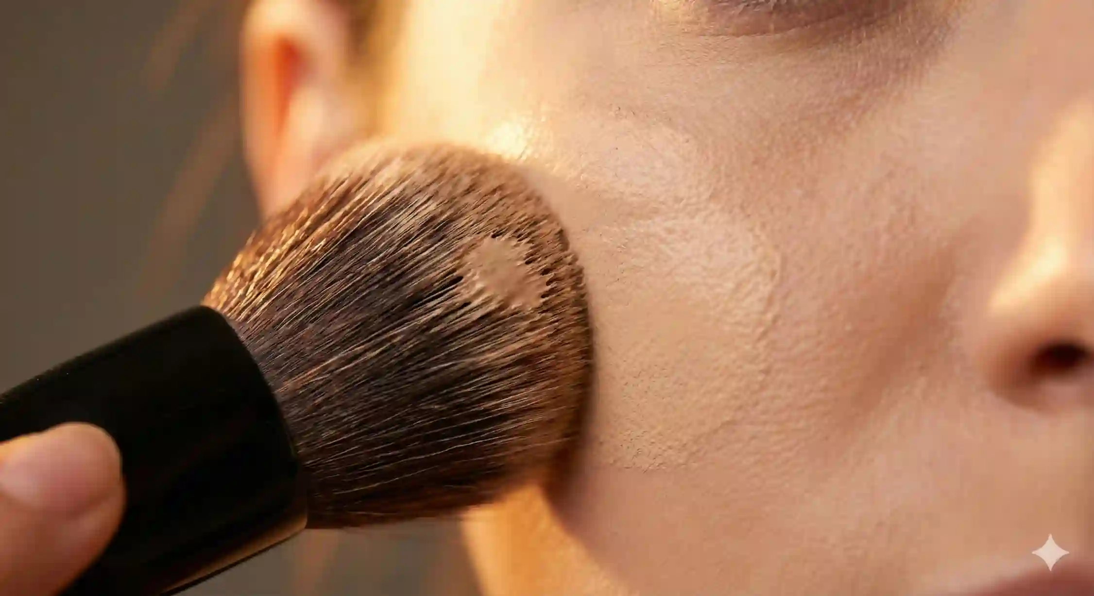 استفاده از براش کابوکی برای پخش کردن کرم پودر با کاور بالا روی صورت.